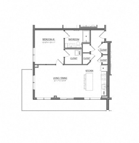 Floor plan for 1 bed, 1 bath, 823 sqft