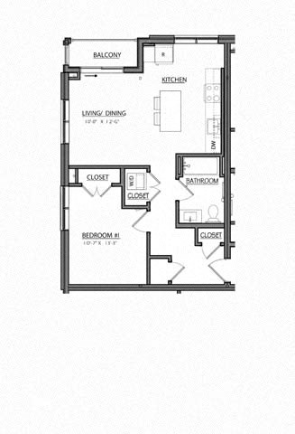 Floor plan for 1 bed, 1 bath, 643 sqft