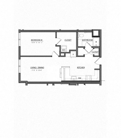Floor plan for 1 bed, 1 bath, 705 sqft