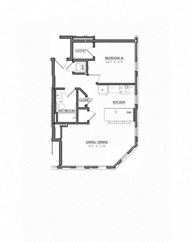 Floor plan for 1 bed, 1 bath, 631 sqft