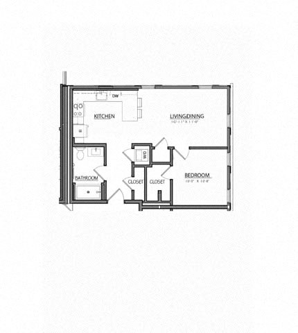 Floor plan for 1 bed, 1 bath, 637 sqft
