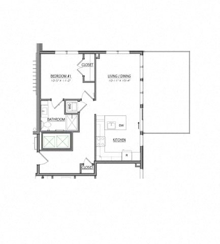 Floor plan for 1 bed, 1 bath, 665 sqft