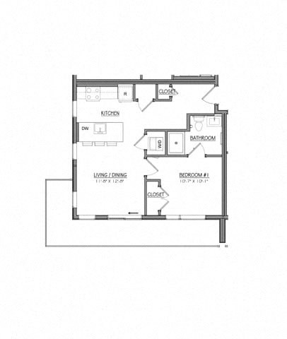 Floor plan for 1 bed, 1 bath, 561 sqft