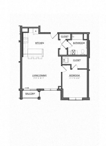 Floor plan for 1 bed, 1 bath, 762 sqft