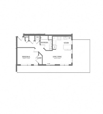 Floor plan for 1 bed, 1 bath, 644 sqft