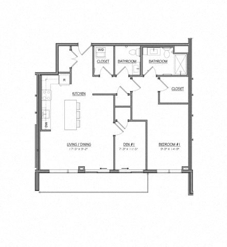 Floor plan for 1 bed, 1 bath, 1004 sqft