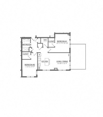 Floor plan for 2 beds, 1 bath, 934 sqft