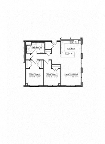 Floor plan for 2 beds, 1 bath, 1043 sqft