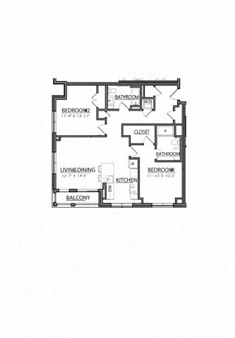 Floor plan for 2 beds, 2 baths, 1075 sqft