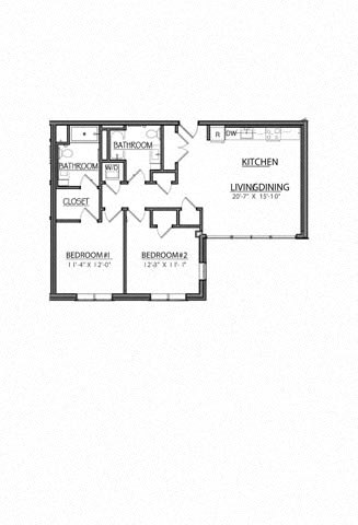 Floor plan for 2 beds, 2 baths, 988 sqft
