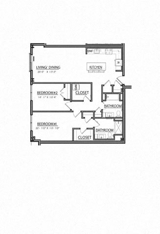 Floor plan for 2 beds, 2 baths, 1085 sqft