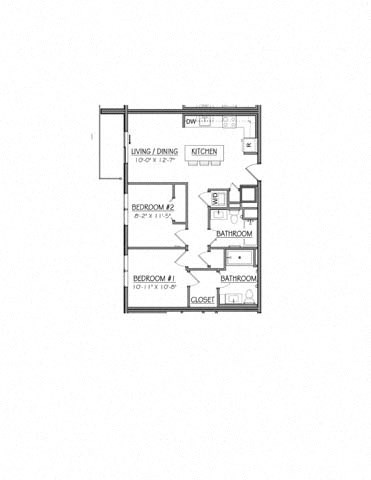 Floor plan for 2 beds, 2 baths, 832 sqft