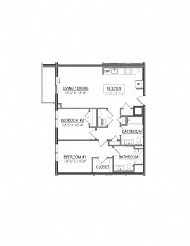 Floor plan for 2 beds, 2 baths, 1007 sqft