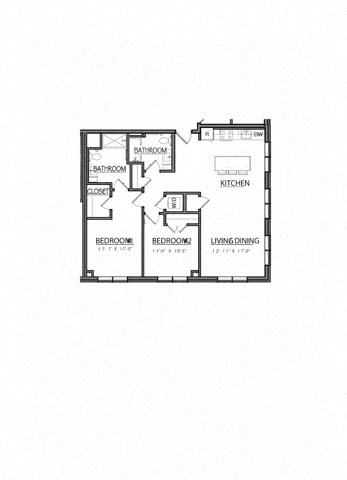 Floor plan for 2 beds, 2 baths, 1042 sqft