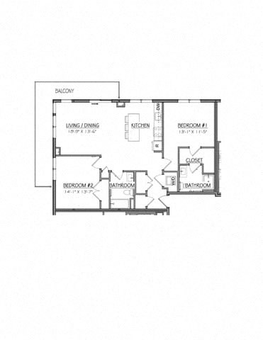 Floor plan for 2 beds, 2 baths, 1073 sqft