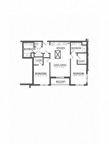 Floor plan for 2 beds, 2 baths, 1029 sqft