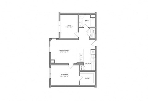 Floor plan for 1 bed, 1 bath, 829 sqft