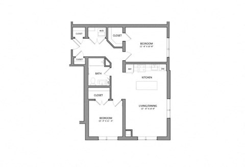 Floor plan for 2 beds, 1 bath, 860 sqft