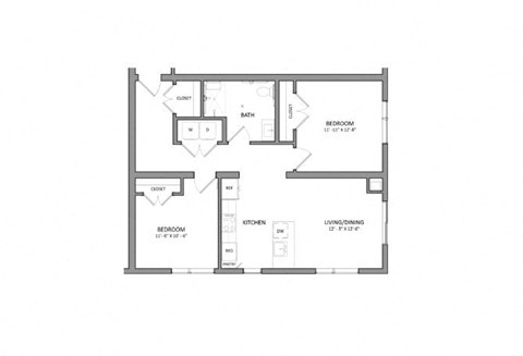 Floor plan for 2 beds, 1 bath, 895 sqft