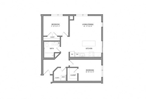 Floor plan for 2 beds, 1 bath, 905 sqft