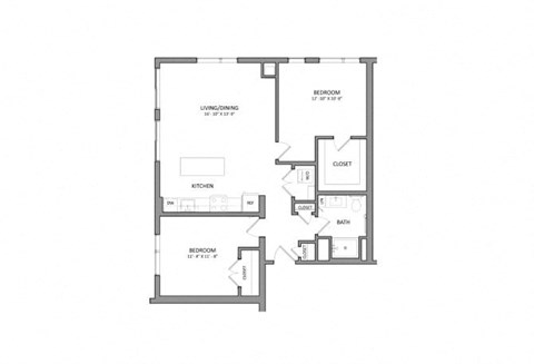 Floor plan for 2 beds, 1 bath, 940 sqft
