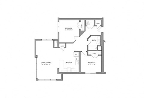 Floor plan for 2 beds, 1 bath, 940 sqft