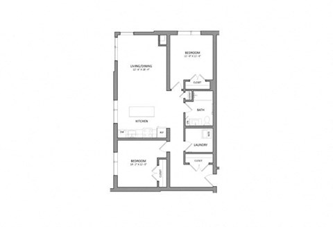 Floor plan for 2 beds, 1 bath, 940 sqft