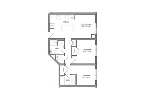 Floor plan for 2 beds, 2 baths, 840 sqft