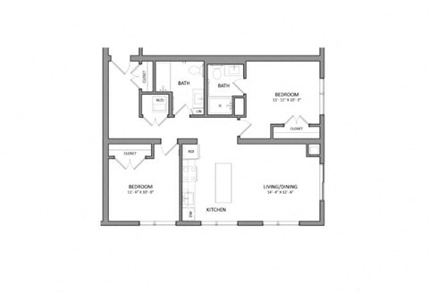 Floor plan for 2 beds, 2 baths, 895 sqft