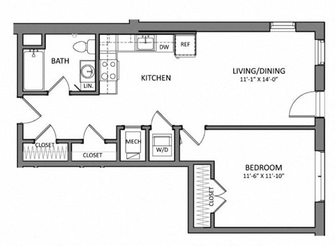 Floor plan for 1 bed, 1 bath, 608 sqft