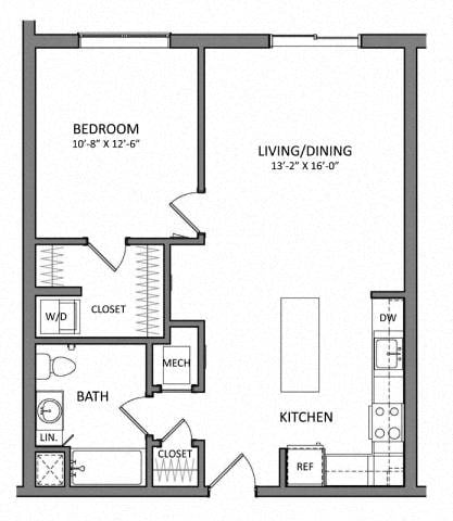 Floor plan for 1 bed, 1 bath, 700 sqft