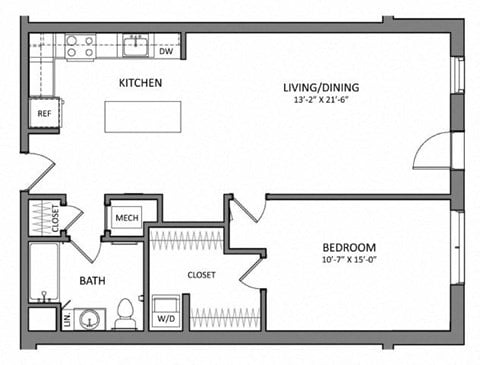 Floor plan for 1 bed, 1 bath, 830 sqft