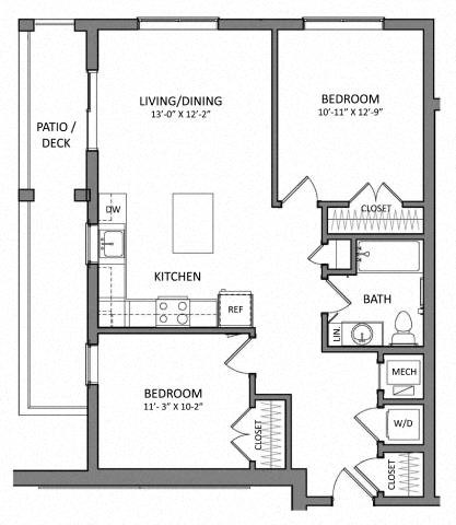 Floor plan for 2 beds, 1 bath, 819 sqft