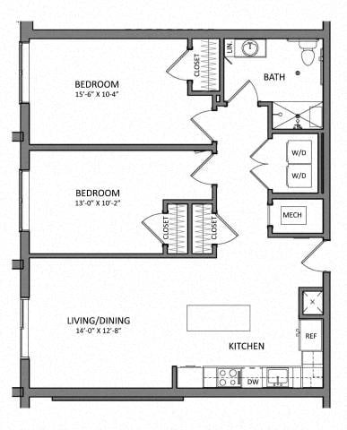Floor plan for 2 beds, 1 bath, 984 sqft