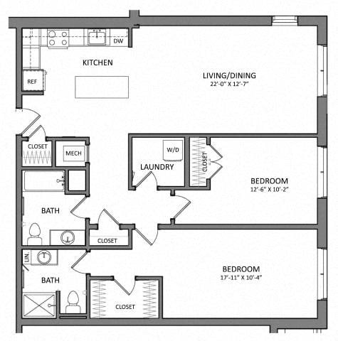 Floor plan for 2 beds, 2 baths, 1173 sqft
