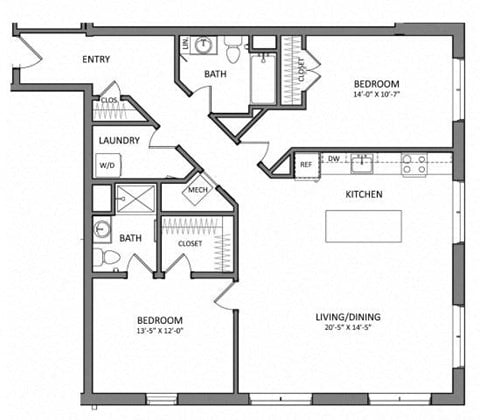 Floor plan for 2 beds, 2 baths, 1170 sqft