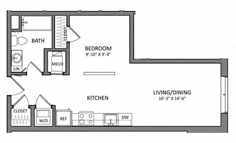 Floor plan for studio, 1 bath, 582 sqft
