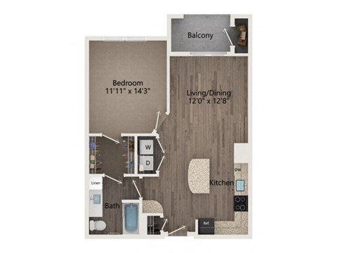 Floor plan for 1 bed, 1 bath, 732 sqft
