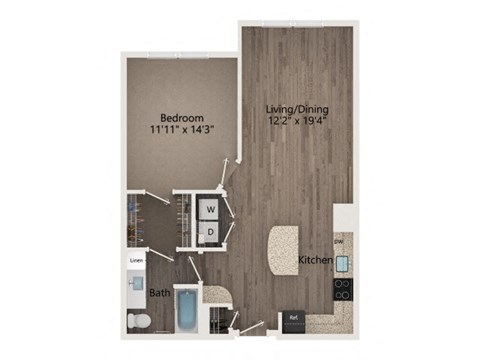 Floor plan for 1 bed, 1 bath, 807 sqft