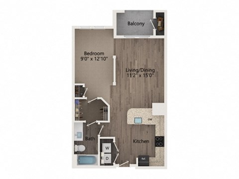 Floor plan for studio, 1 bath, 627 sqft