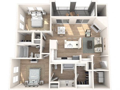 Floor plan for 2 beds, 2 baths, 1129 sqft