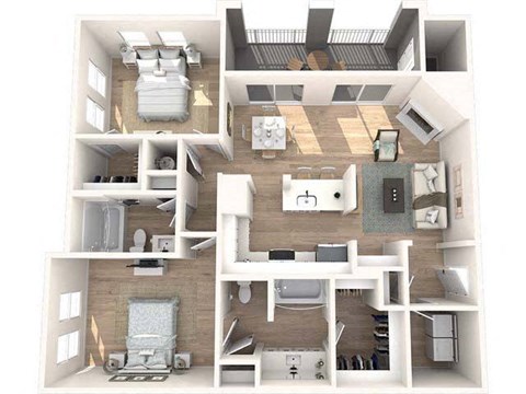 Floor plan for 2 beds, 2 baths, 1129 sqft