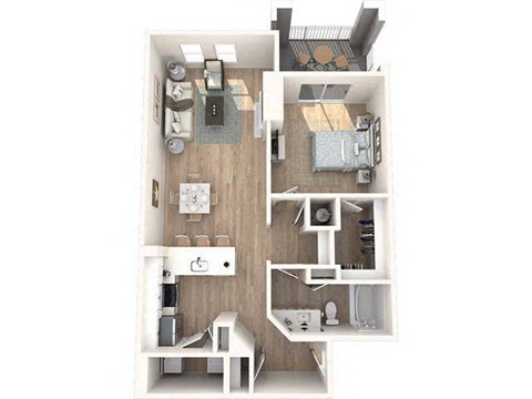 Floor plan for 1 bed, 1 bath, 869 sqft
