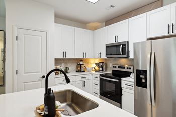 Quartz countertops, single deep sink, and gooseneck faucet in select homes