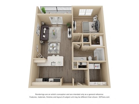 Floor plan for 1 bed, 1 bath, 907 sqft