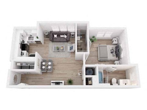 Floor plan for 1 bed, 1 bath, 684 sqft