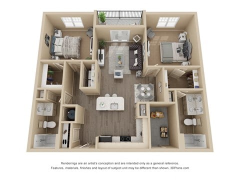 Floor plan for 2 beds, 2 baths, 1232 sqft