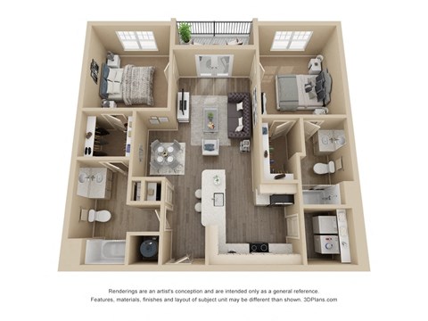 Floor plan for 2 beds, 2 baths, 1134 sqft