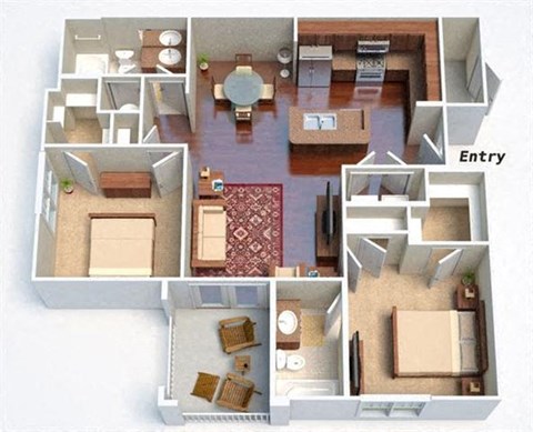 Floor plan for 2 beds, 2 baths, 1070 sqft
