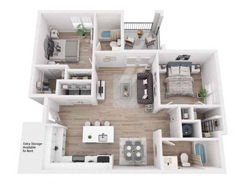 Floor plan for 2 beds, 2 baths, 1077 sqft